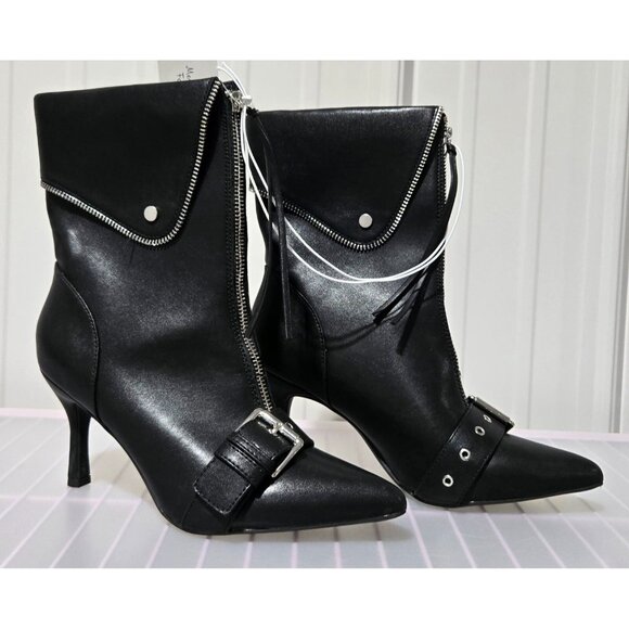 A New Day Mickey Women's Black Faux Leather Point Toe Moto Ankle Boots - Picture 1 of 7